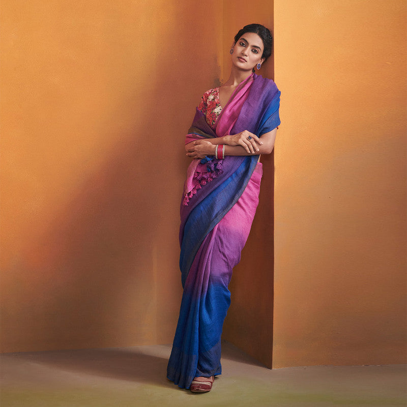 Festive Wear | Pure Linen Saree | Pink and Blue Ombre