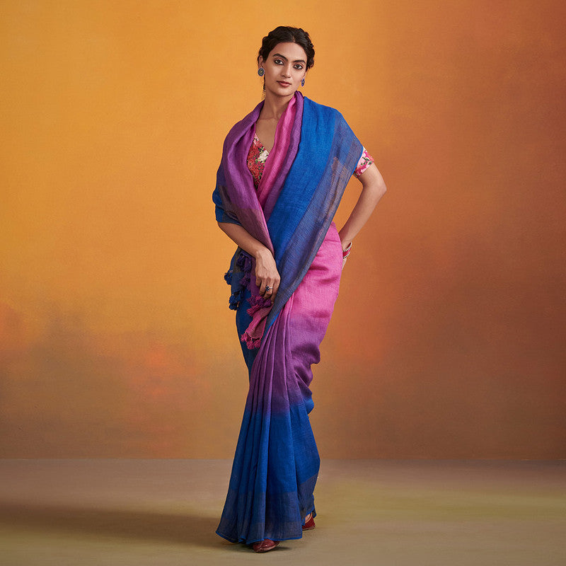 Festive Wear | Pure Linen Saree | Pink and Blue Ombre