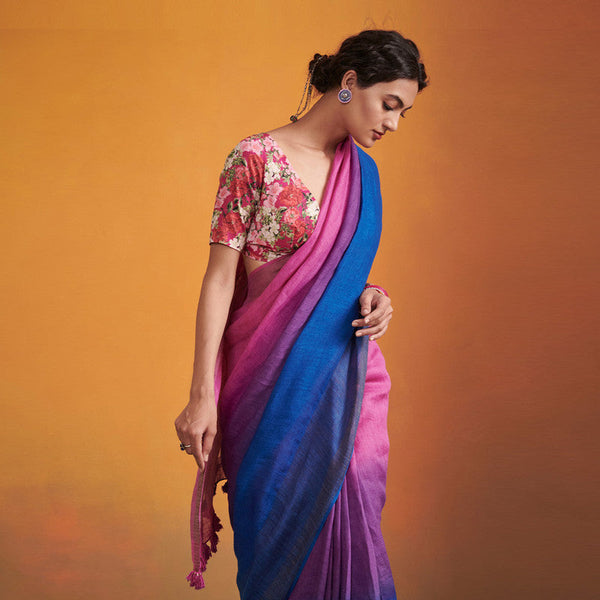 Festive Wear | Pure Linen Saree | Pink and Blue Ombre