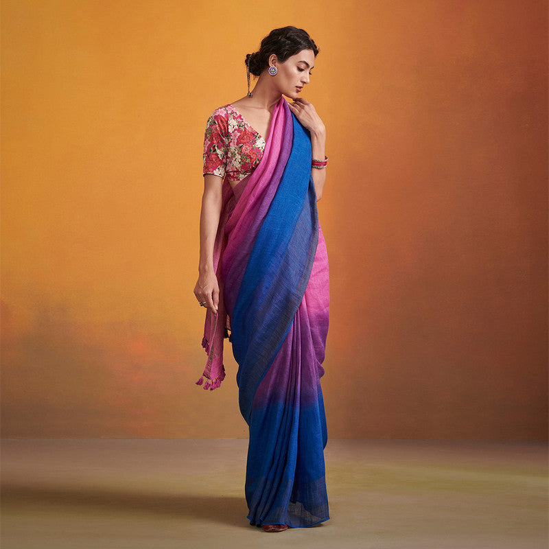 Festive Wear | Pure Linen Saree | Pink and Blue Ombre