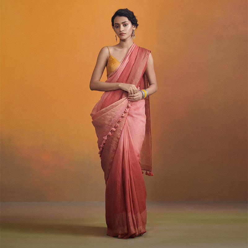 Pure Linen Saree with Tassels | Red