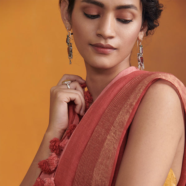 Pure Linen Saree with Tassels | Red
