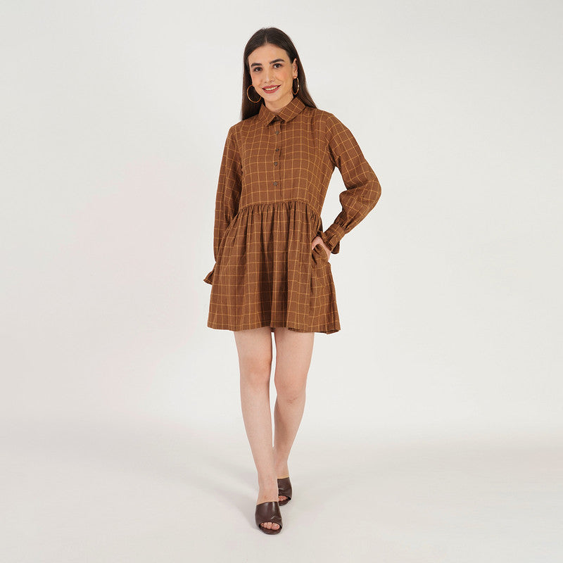 Cotton Mini Dress | Checkered | Brown