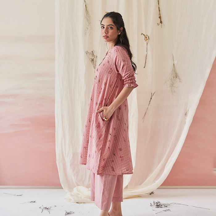 Cotton Silk Kurta Set | Block Printed | Pink