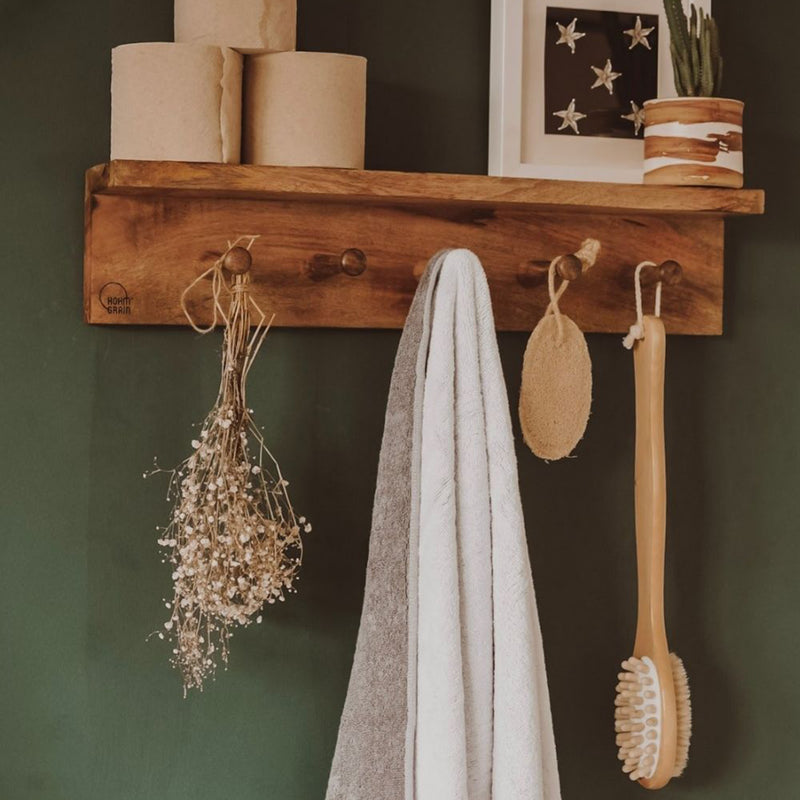 Multi Functional Wood Wall Shelf with Hooks.