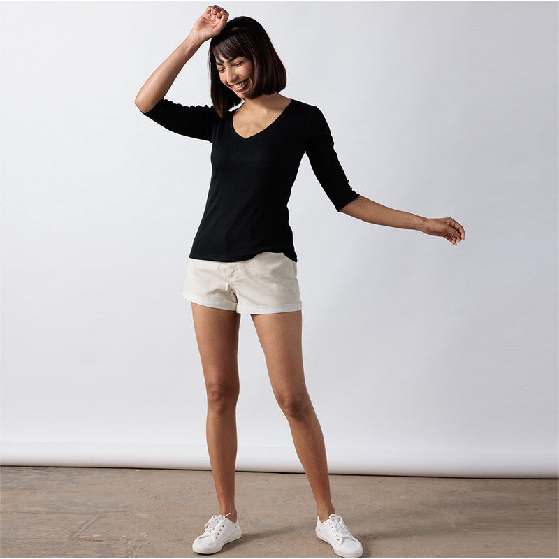 Cotton Modal Ribbed V-Neck Top | Carbon Black