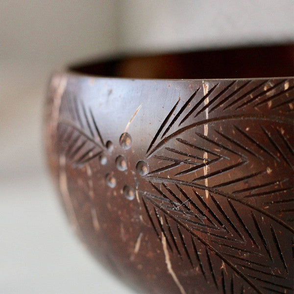 Handcrafted Brown Palm Leaf Coconut Bowl with Spoon and Fork