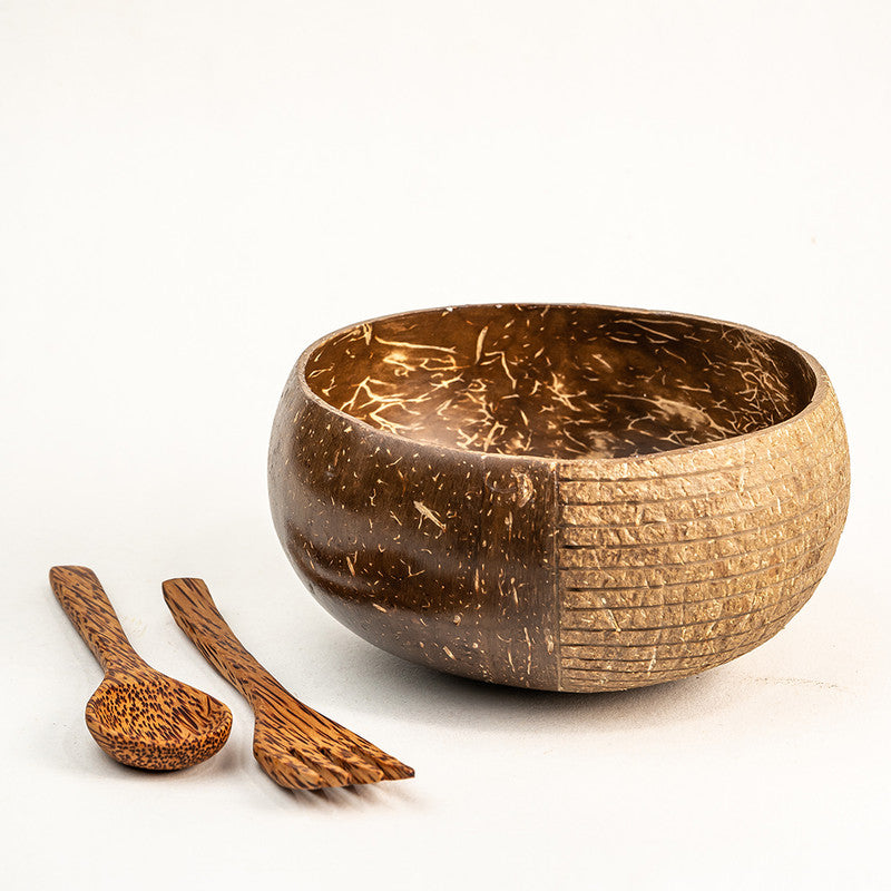 Coconut Bowl With Spoon and Fork | Bowl Set | Carved | 900 ml | Brown