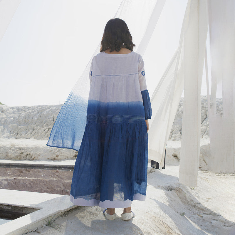 Chanderi Silk Dress | Hand Embroidered | Blue & White