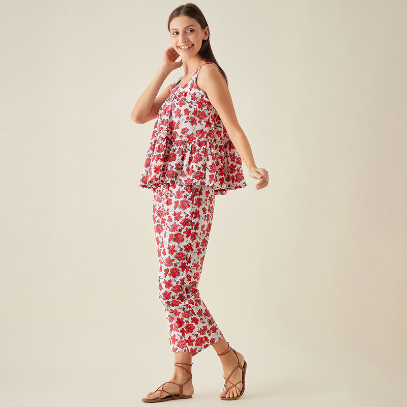 Cotton Pants | Floral Print | Red