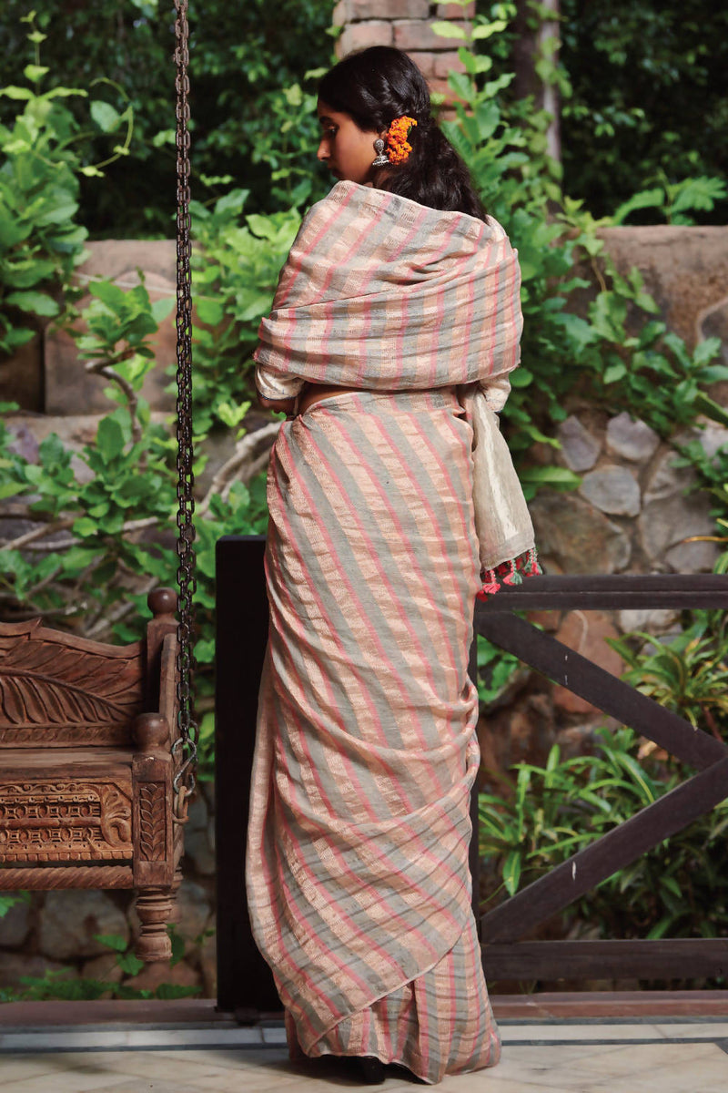 Pure Linen Saree | Pink & Green Zari Stripes