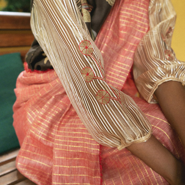 Linen Saree With Blouse | Hand Emrboidered | Red