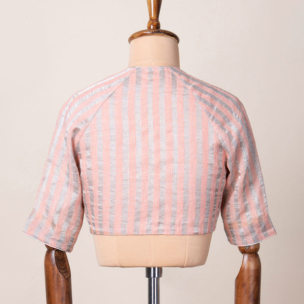 Linen Striped Blouse | Handwoven | Peach & Silver