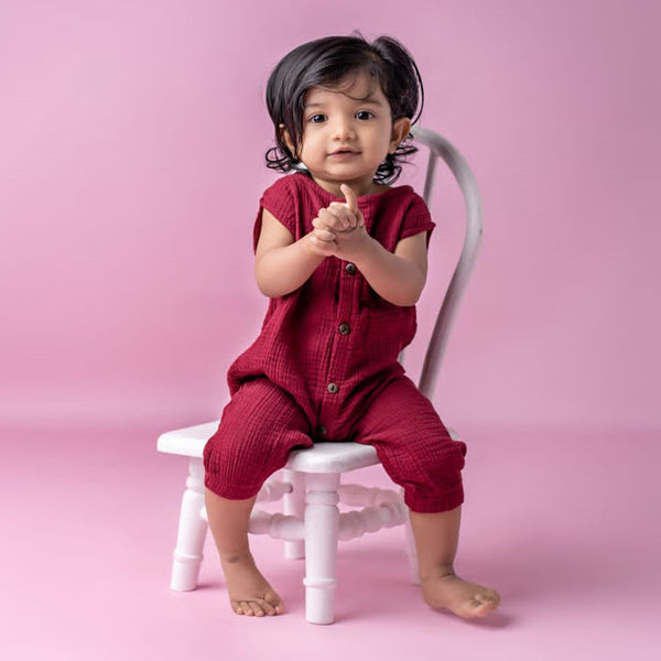 Organic Cotton Muslin Baby Romper | Full Length | Maroon