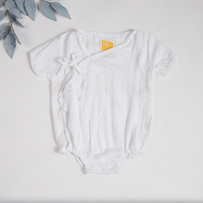 Organic Cotton Muslin Baby Romper | Kimono | White