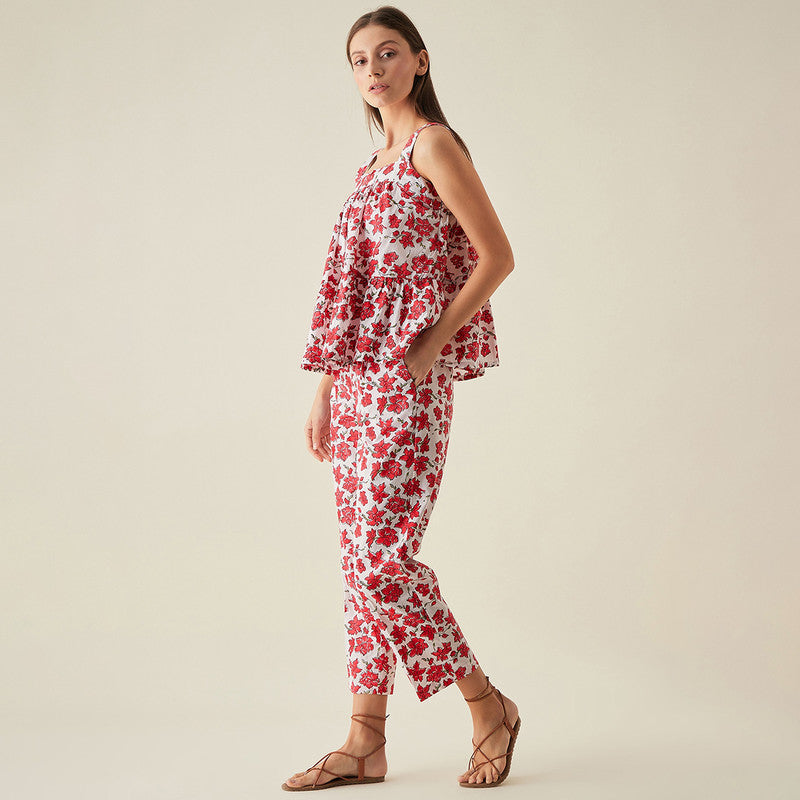 Cotton Pants | Floral Print | Red