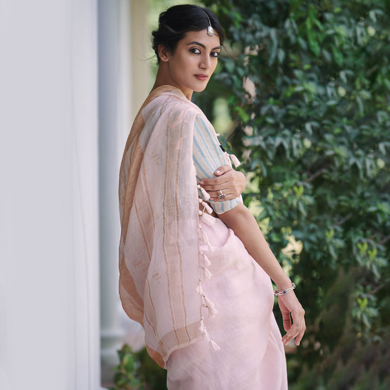 Linen Saree | Saree For Women | Light Pink and Golden Zari