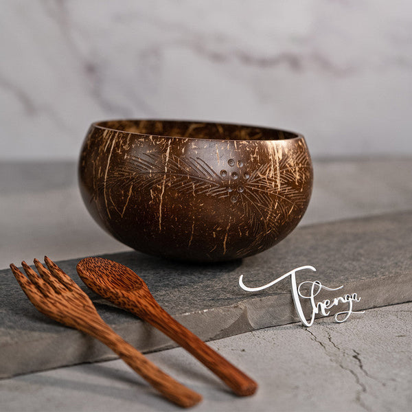 Handcrafted Brown Palm Leaf Coconut Bowl with Spoon and Fork