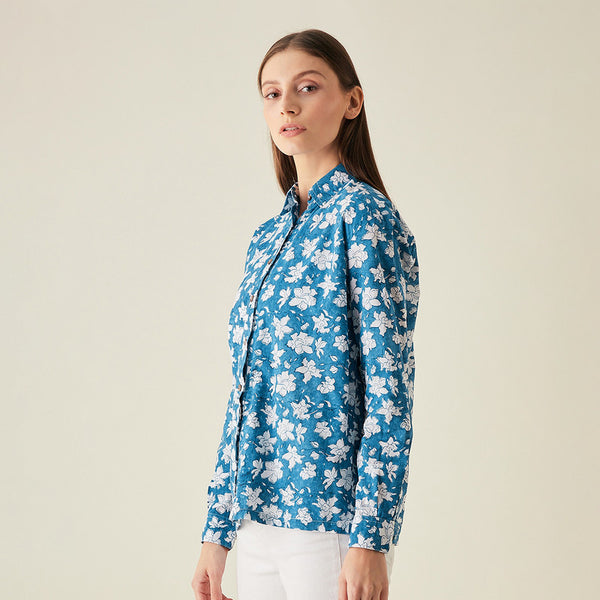 Cotton Shirt | Floral Print | Blue