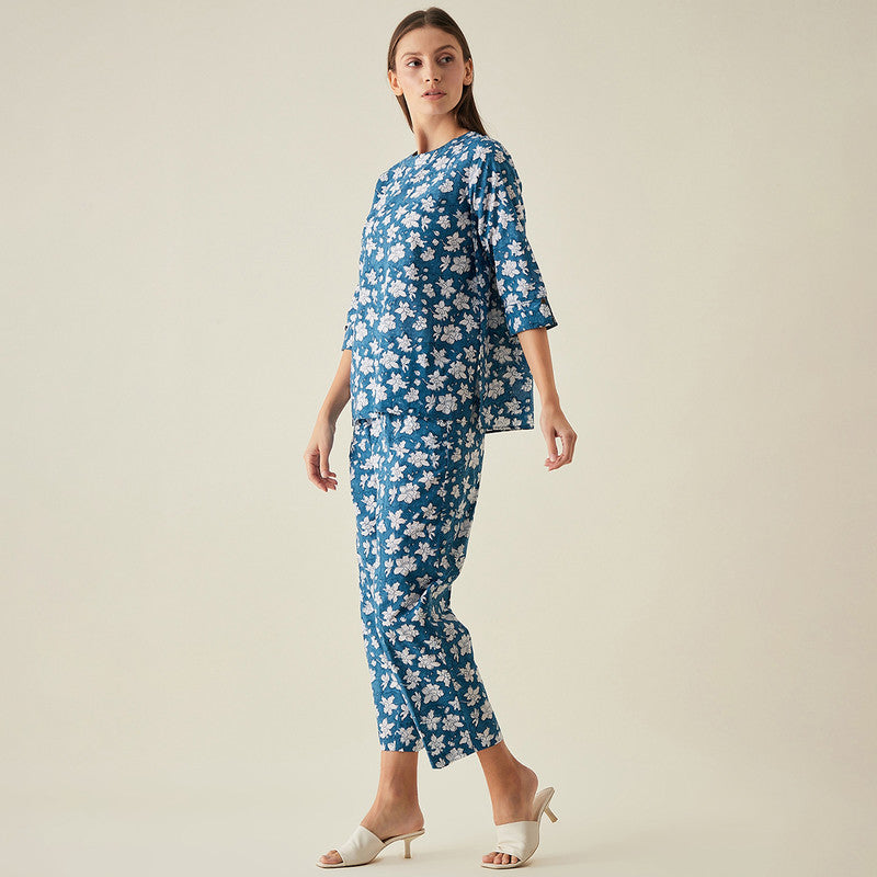 Organic Cotton Pants | Floral Print | Blue