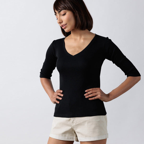 Cotton Modal Ribbed V-Neck Top | Carbon Black