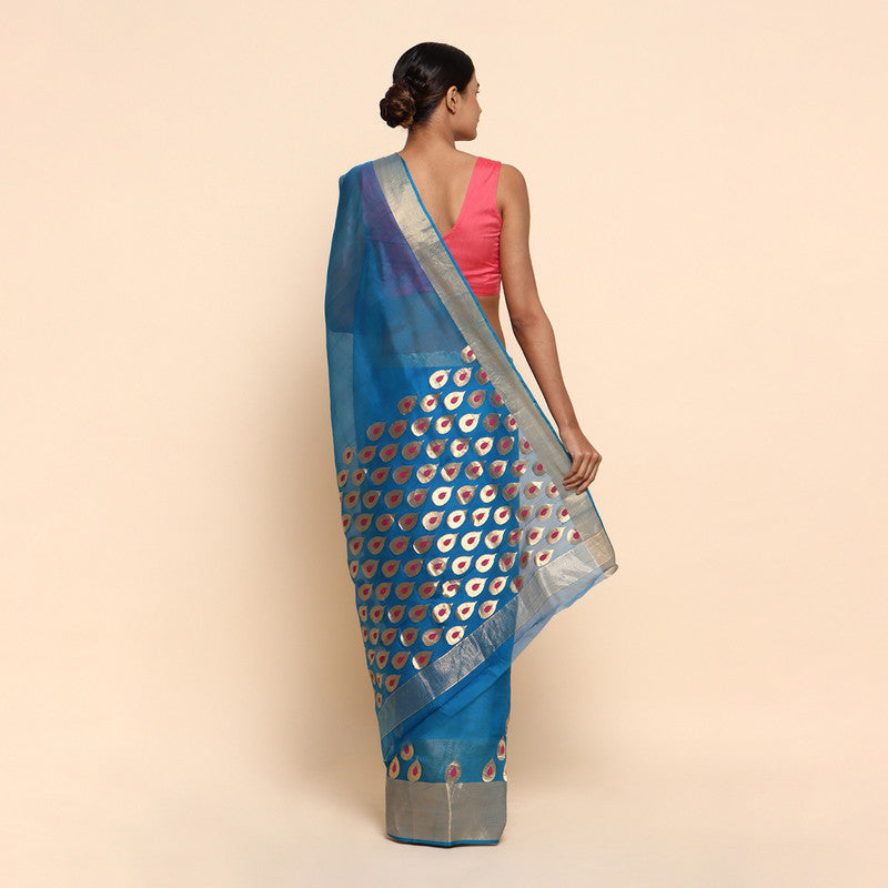 Chanderi Silk Saree | Peacock Motif | Teal Blue