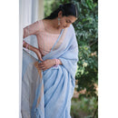 Festive Wear | Pure Linen Saree | Light Blue with Golden Zari