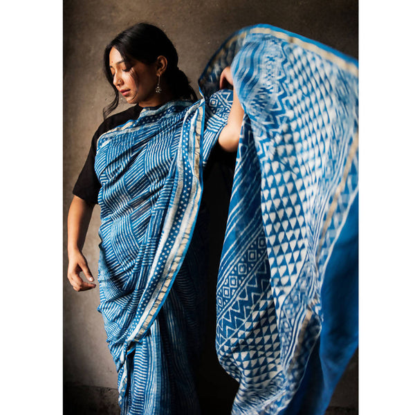 Festive Wear | Natural Dyed Blue Dabu Printed Chanderi Saree