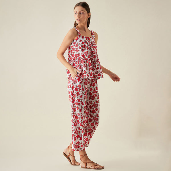 Cotton Pants | Floral Print | Red