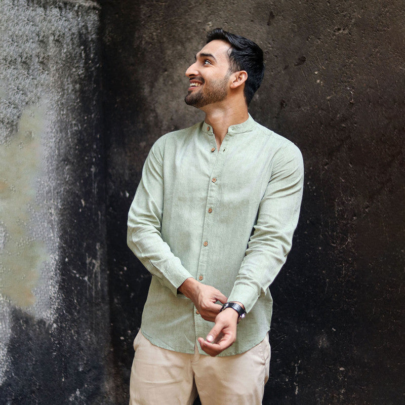 Linen Shirt for Men | Mandarin Collar | Military Green