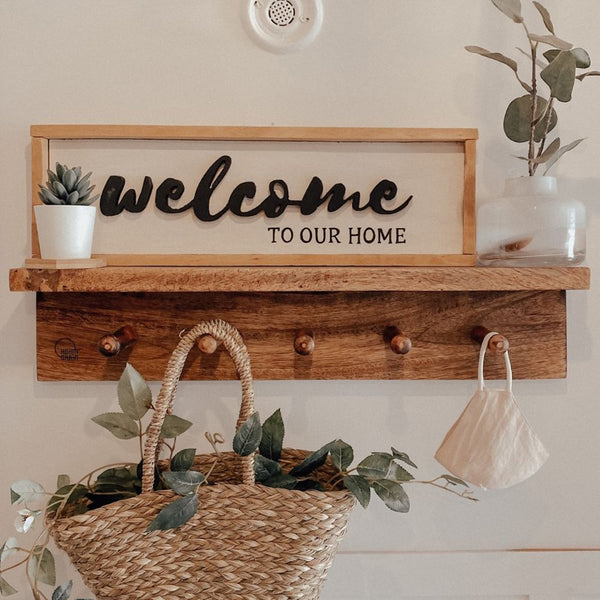 Multi Functional Wood Wall Shelf with Hooks.