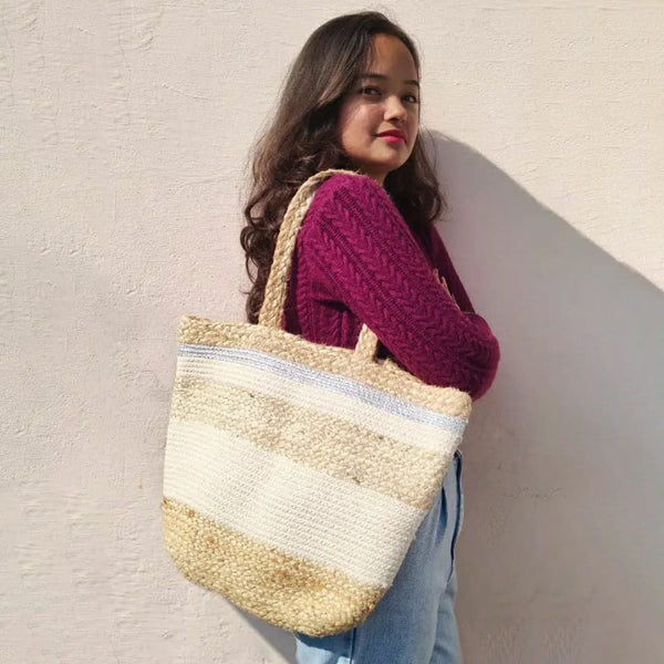 Cotton & Jute Bag | Handcrafted Tote | Beige