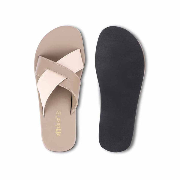 Paaduks Vegan Leather Flip Flop | Criss Cross Strap | Dark Beige.