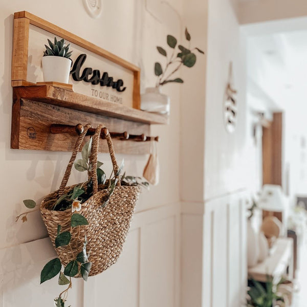 Multi Functional Wood Wall Shelf with Hooks.