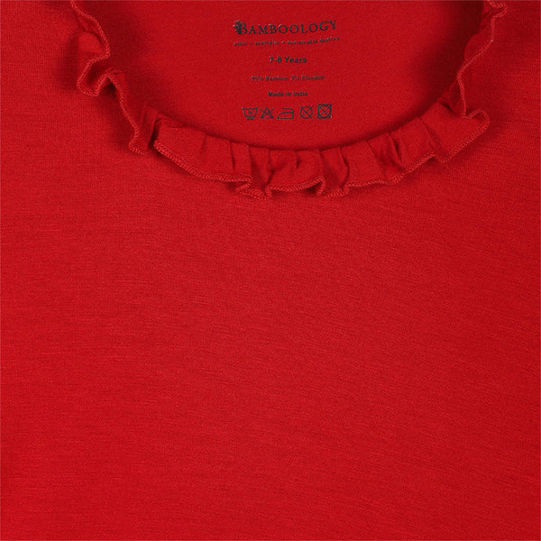 Organic Bamboo Ruffle Neck Top for Girls | Red