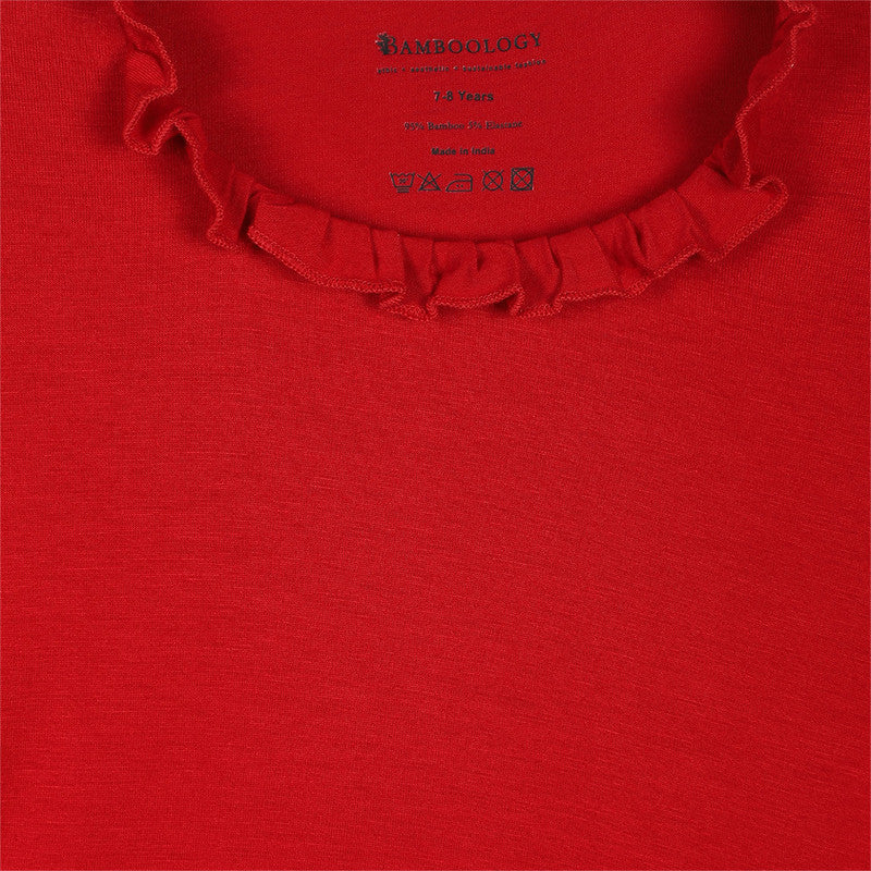 Organic Bamboo Ruffle Neck Top for Girls | Red