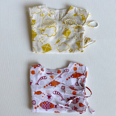 Newborn Baby Clothes | Red & Yellow Angrakha Baby Jabla | Set of 2