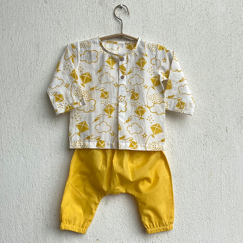 Cotton Baby Kurta Pajama Set | White & Yellow