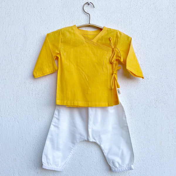 Organic Cotton Angrakha with Pants for Girls | Yellow & White