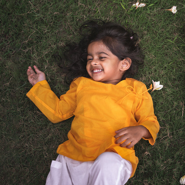 Organic Cotton Angrakha with Pants for Girls | Yellow & White