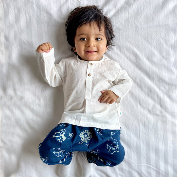 Organic Cotton Boys Kurta Pajama Set | Indigo & White