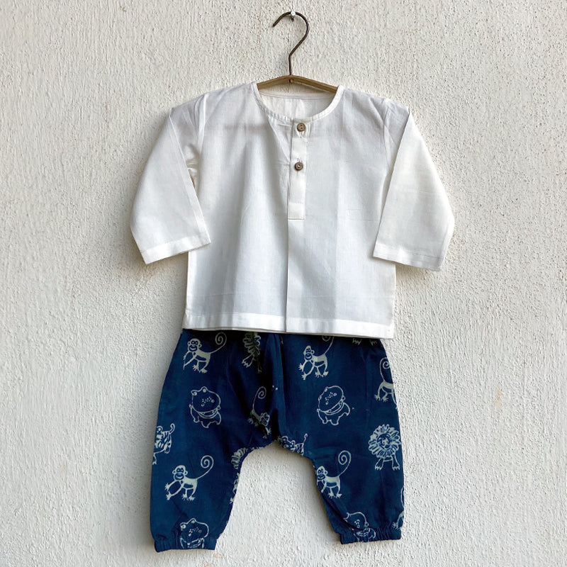 Organic Cotton Boys Kurta Pajama Set | Indigo & White