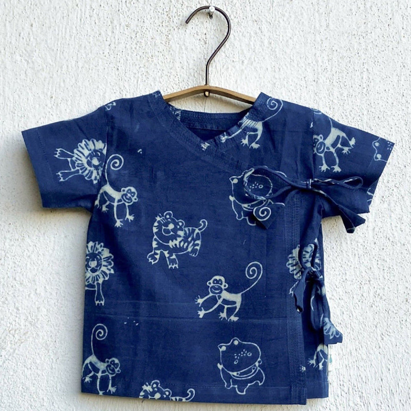 Newborn Baby Clothes | Cotton Angrakha Top | Blue & White | Set of 2