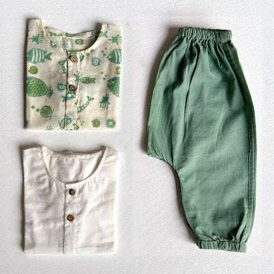 Organic Cotton Baby Kurta Pajama Set | White & Green