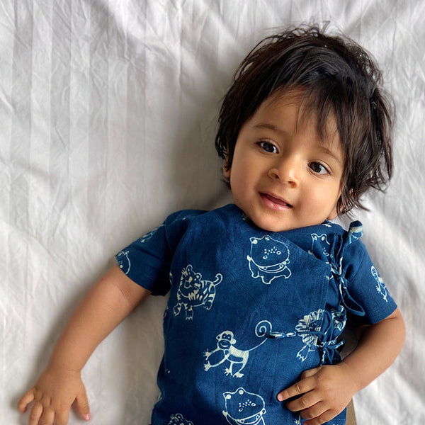 Organic Cotton Angarakha Top Pants for Baby | Indigo & White