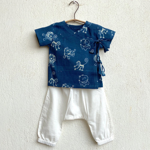 Organic Cotton Angarakha Top Pants for Baby | Indigo & White