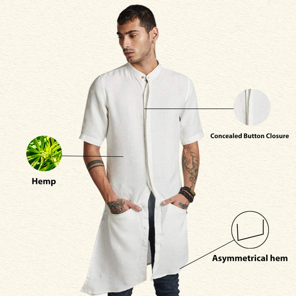 Kurta for Men | Hemp | Hi-Low Style | White