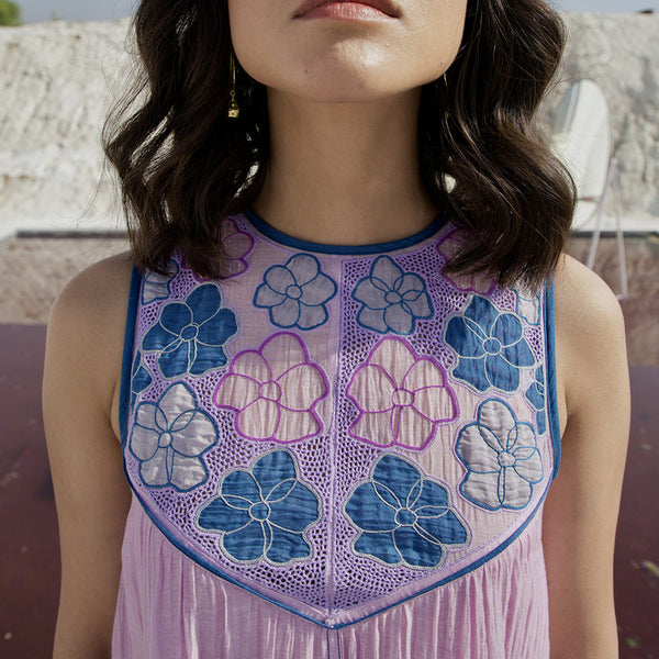 Chanderi Silk A-Line Dress | Hand Embroidered | Blue & Lilac