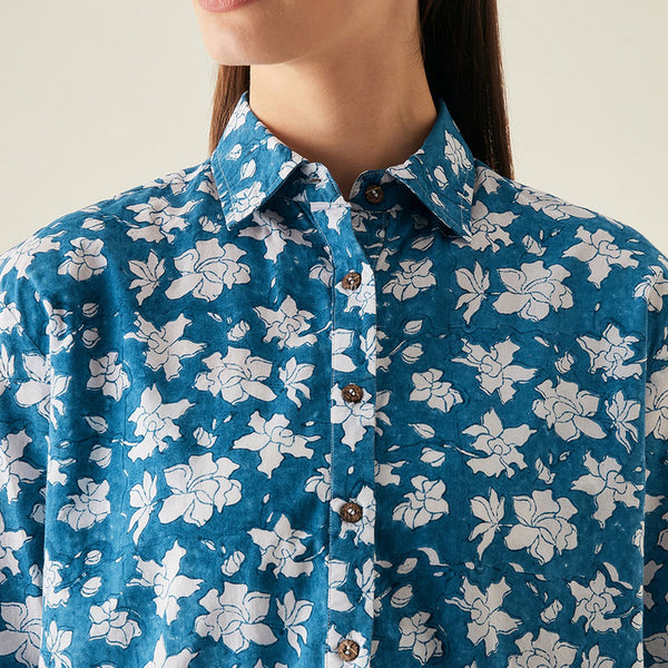 Cotton Shirt | Floral Print | Blue