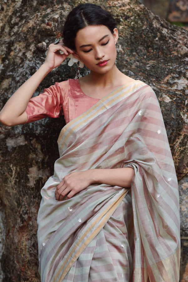 Maheshwari Silk Striped Saree | Grey & Pink